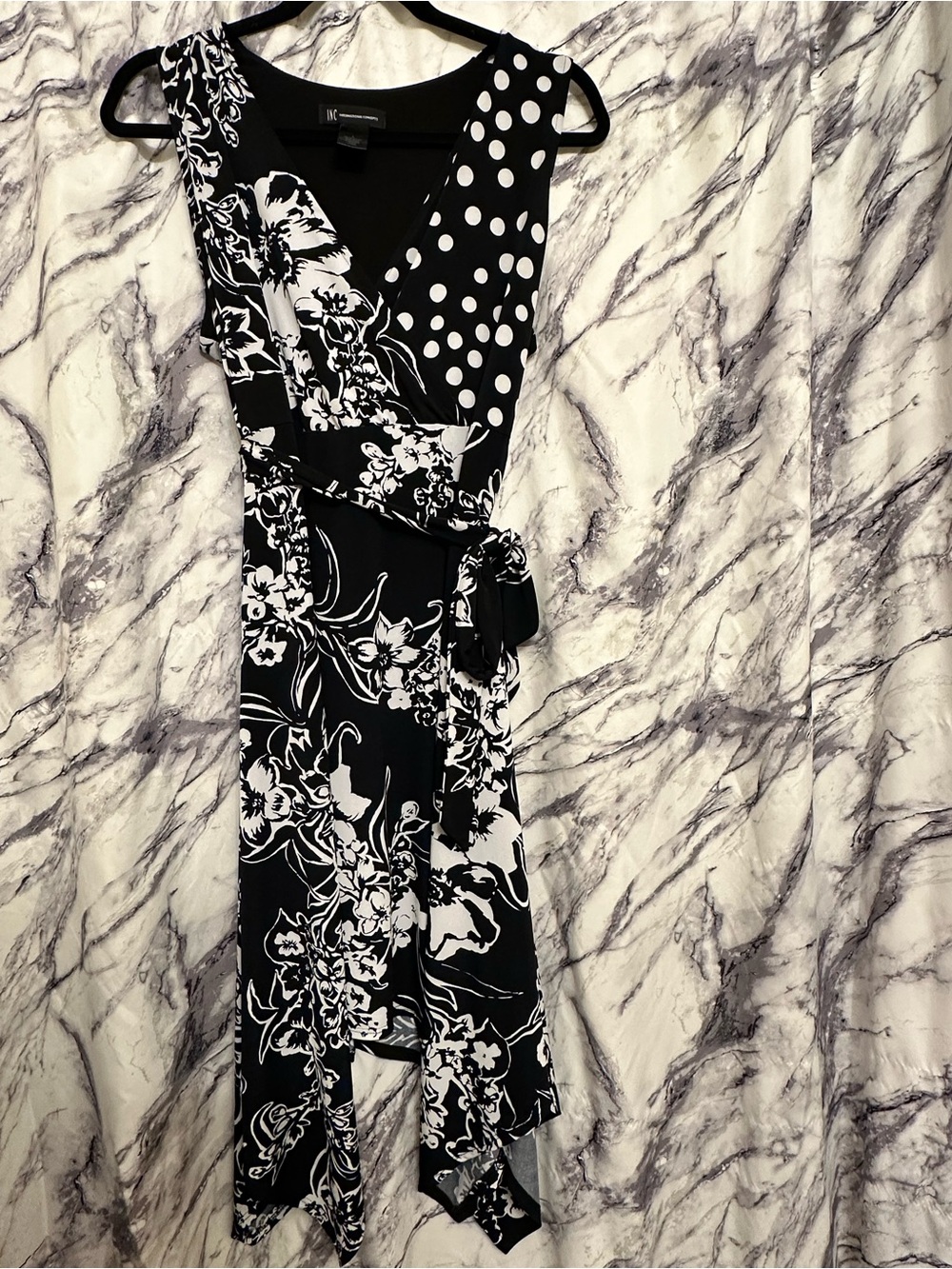 INC International Concepts Black & White Asymmetrical Mix-Print Wrap Dress